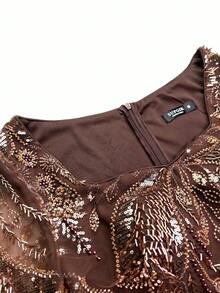 SUPGIR Women's V-Neck Sequin Patchwork Flowy Sleeve Fitted Chiffon Elegant Evening Dress Spring Wedding Party - Brown - View 8