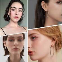 4 Pairs/Set 316 Stainless Steel Spring Clasp Hoop Earrings, 18K Gold Or Silver Plated, Low Allergy Earrings For Men And Women, Minimalist Fashion Classic Large Circle Earrings - Round Earrings - View 3