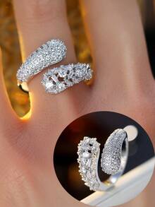 1pc Exquisite Zirconia Inlaid Ring With Asymmetrical Open Design, Elegant Style Suitable For Commuting And Versatile Wear - Open Ring - View 3