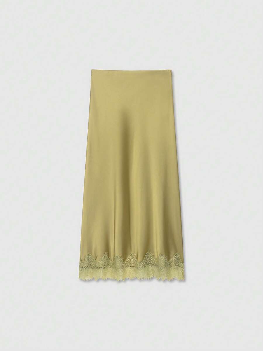Solid Color Minimalist Design Summer Skirt, Silk-Like Lace Trim Midi Skirt Spring - Light Green - View 1