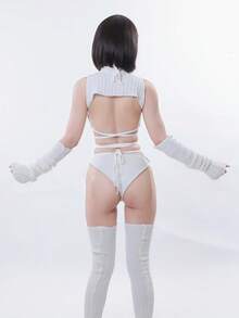 Sexy Cutout Knit Bikini Sweater Cosplay Set For Women – High Neck Anime-Inspired Doll Style Costume, 7-Piece Outfit With Top, Bikini, Gloves, Socks & Garter - 白色 - 查看 8
