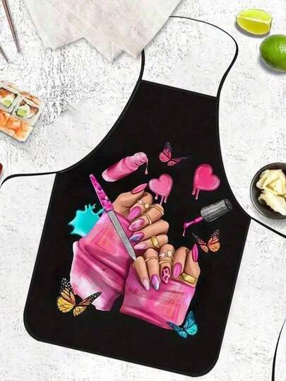 1 pieza Delantal con estampado de labios y mariposa colorida, de tela de poliéster duradera con lazos ajustables en el cuello y la cintura, adecuado para cocinar, barbacoa, jardinería, pintura, manicura y otras actividades artesanales interiores/exteriores