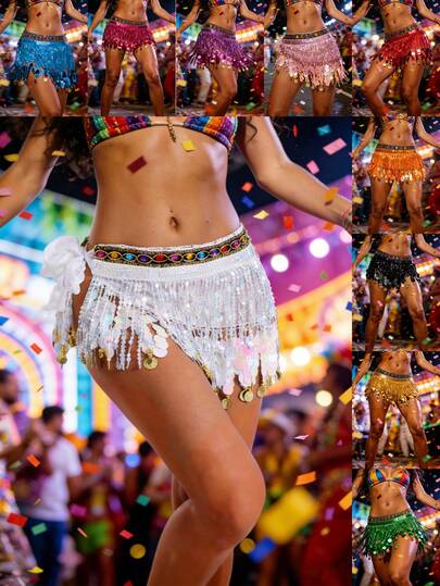 Women's Sequin Tassel Coin Belly Dance Hip Scarf Adjustable Tie Waist Hip Wrap For Carnival Rave Festival Parade Party Club Stage Performance Costume Accessory (Multiple Colors Available)