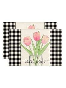 1/2/4/6/8pcs Digital Printed Placemats, Plaid & Floral Pattern Printed Placemats For Daily Use, Festivals, Parties, Birthdays, Weddings, Dinners, Kitchen & Dining Room Decor - Multicolor - View 10