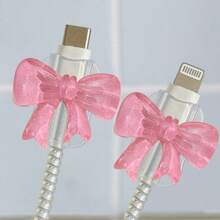2 piezas Protector de cable universal tipo Lightning (5-14) y tipo C - Duradero, resistente a roturas, diseño de accesorio de teléfono de moda - Protector de cable de plástico con decoración de lazo, protector de cable de carga - Multicolor - Ver 6