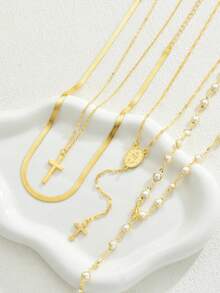 4pcs Y-Shaped Necklace Set - Elegant Vintage Geometric Faux Pearl Cross Embossed Texture Religious Element Snake Chain Tassel Pendant Necklace, Fashionable Minimalist Vintage Design, Suitable For Holidays, Parties, Dates, Gifts, Daily Wear - Multicolor - View 6