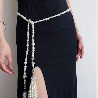 Dây chuyền tua rua ngọc trai cổ điển thanh lịch, dây chuyền đeo cổ áo len đa năng tinh tế, dây chuyền eo sang trọng, dây chuyền áo khoác.