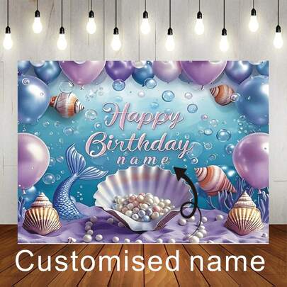 1 tấm phông nền sinh nhật chủ đề nàng tiên cá có thể tùy chỉnh, thiết kế đuôi nàng tiên cá chuyển màu và vỏ sò ngọc trai giả nhiều màu sắc, phông nền trang trí tiệc sinh nhật chủ đề nàng tiên cá với tên cá nhân hóa, hoạt động nghệ thuật cho trẻ em.
