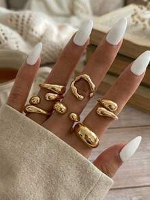 6枚复古极简合金熔岩泪滴开口戒指套装，不对称厚金属金色戒指，适合女性日常通勤，是生日、节日和派对的完美礼物。适合日常佩戴和节日庆典，四季皆宜，是理想的节日配饰。[请勿用力弯折，以免断裂，尺寸已标记] - 金色 - 查看 2