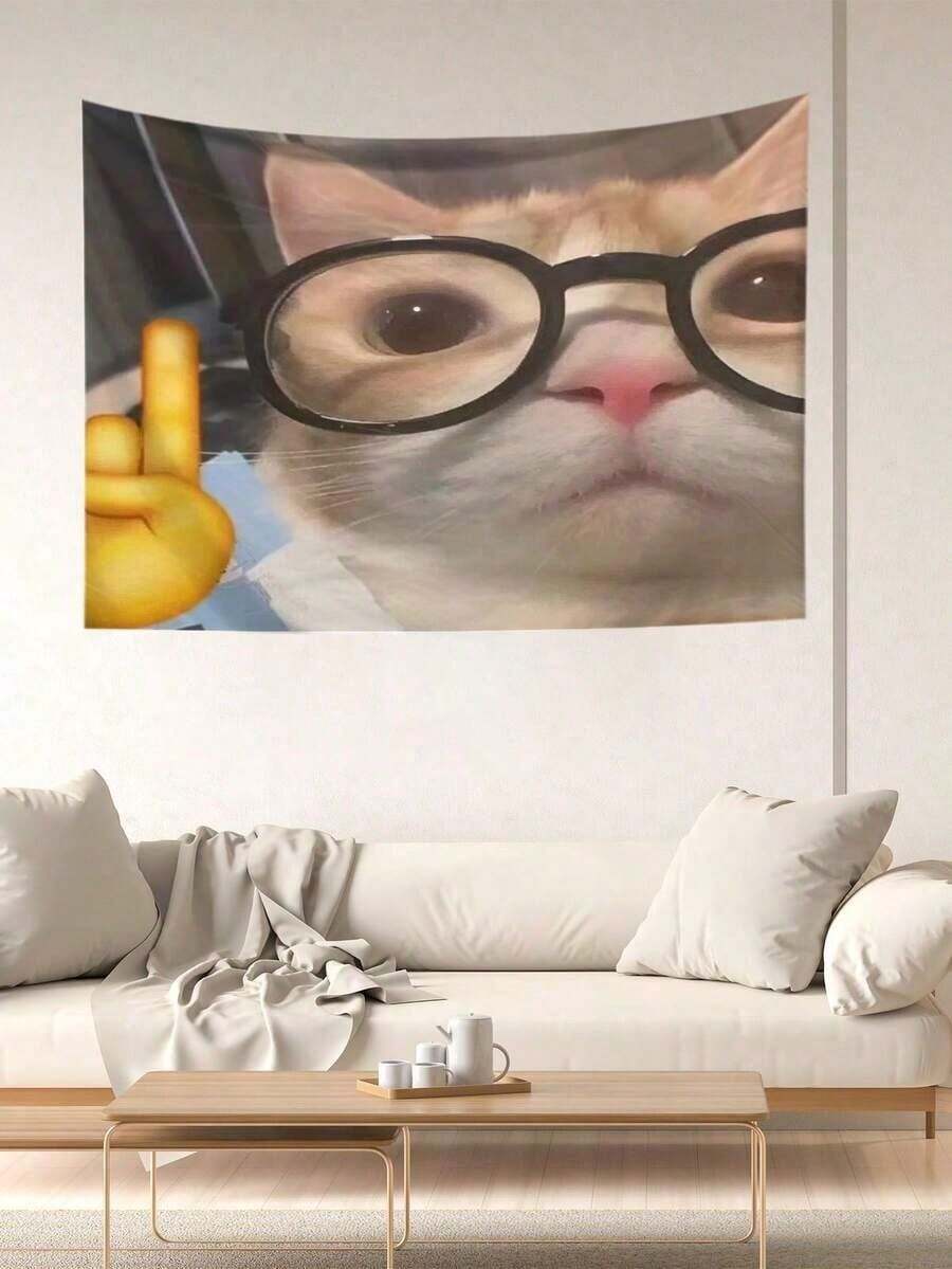 This Rectangular Polyester Tapestry Features A Cat Theme With Cute And Playful Patterns, Adorned With Tree Silhouettes And Star Prints. It's Perfect For Decorating Living Rooms, Bedrooms, Offices, And Party Venues. The Tapestry Includes Adorable Cats Wearing Glasses And Humorous Cat Photos. Categories Include: Cool Cat With Glasses Tapestry, Funny Cat Giving The Tapestry, A Haughty Cat Wearing Sunglasses Wall Hanging, And Hip-Hop Cat Tapestry. - 多色的 - 查看 1