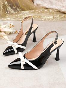 French Style New Arrival Pointed Toe Stiletto High Heel Shoes For Women, Cute, Elegant, Glamorous, Versatile For Work, Commute, Nightclub, Chinese Wedding, Western Wedding, Lolita, New Chinese Style, Sexy Party, Cute Fairy, Retro Chinese Style, Elegant Party, Punk Fashion, Vacation, PU Leather, Button, Bow Tie, Hollow Out, Stiletto, Elegant, Party, Wedding, School, Vacation, Office, Outdoor, All Seasons - Black - View 3