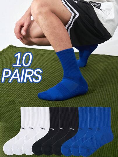 2/6/10 Pairs Men's Classic Solid Black White Blue Color Reinforced Toe Lightweight Breathable Moisture-Wicking Non-Slip Durable Casual Sports Crew Socks, Suitable For Summer Workout