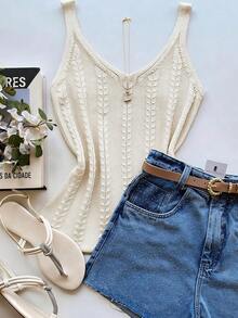 Women's Sleeveless V Neck Knit Top Regular Length Cable-Knit Ribbed Knitwear With Slight Stretch,Vacation Outfits,Summer Tops. - Light Apricot Color - View 3