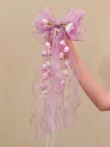 1个铃兰图案网纱发夹，甜美可爱，长丝带，适合芭蕾舞、汉服、日常佩戴、海滩度假、摄影、夏季、旅行等场合，带爪夹。 - 彩色 - 查看 8