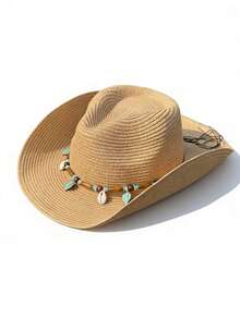 1 buah Topi Koboi Jerami Vintage Wanita Gaya Barat, Dengan Hiasan Cangkang Logam dan Manik-manik Kayu, Desain Pinggiran Lebar, Tali Serut yang Dapat Diatur, Cocok untuk Dipakai Saat Liburan di Pantai, dan Topi dengan Fungsi Perlindungan UV., Musim Panas, Liburan, Perjalanan - Manik-manik kayu, kode rumput kerang - View 4