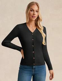 Women's Long Sleeve Button Up Cardigan Sweaters Ribbed Knit Open Front Casual - 綠色 - 查看 4