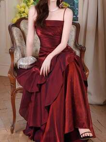 Women's Elegant Vintage Green Formal Party Dress, Slim Fit Spaghetti Strap Cocktail Gown For Birthday, Wedding Guest, New Year Spring - Màu Đỏ Sâu - Xem 9