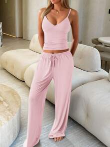 GAOVOT 女士性感休闲深V领吊带背心和宽松直筒裤两件套，秋季 - 粉色 - 查看 4