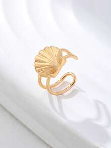 1 pieza Pendiente en forma de concha chapado en oro para mujer - Accesorio de oreja con diseño de concha en forma de abanico con tema minimalista de océano - Dorado - Ver 2