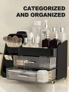 Makeup Organizer With Brush Holder, Drawers, Countertop Storage Organizer, Perfect Storage For Lipsticks, Eyeshadows, Nail Polishes, Makeup Organizer Cosmetic Storage For Vanity, Makeup Brushes Storage, Skin Care Storage,Perfumes, Bathroom & Bedroom Storage, Valentines Gift - 黑色的 - 查看 3