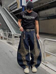 1pc Justice Brother Casual High Street Niche Design Leopard Print Patchwork Men's Blue Denim Jeans, Versatile Loose Fit Wide Leg Pants, All Season - Blue - View 5
