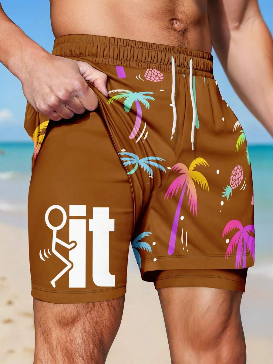 Men's Elastic Waist Drawstring Casual Loose Creative Pattern Double-Layer Beach Shorts - Brown - View 1