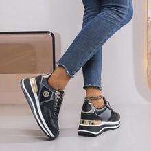 Metal Eyelet Lace-Up Casual Wedge Sneakers - Black - View 4