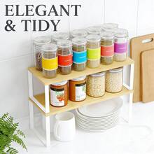 2 Pack Stackable Cabinet Shelf Organizers, Bamboo & Metal Kitchen Counter Rack, Adjustable Side By Side Or L-Shape, Vertical Space Storage For Pantry Cupboard Spice Cans, White & Natural - View 2