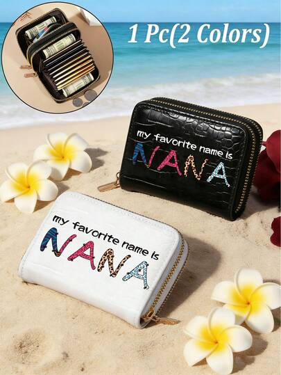 Monedero con doble cremallera de estilo elegante, con patrón de letras "Mi nombre favorito es Nana", billetera compacta moderna, monedero con múltiples bolsillos, nuevo bolso de embrague para tarjetas, billetera corta impermeable de PU con cremallera, doble cremallera multifuncional, diseño delicado, gran capacidad, tamaño compacto, adecuado para licencia de conducir, tarjetas de presentación, para el Día de la Madre, Día del Maestro, vuelta al colegio