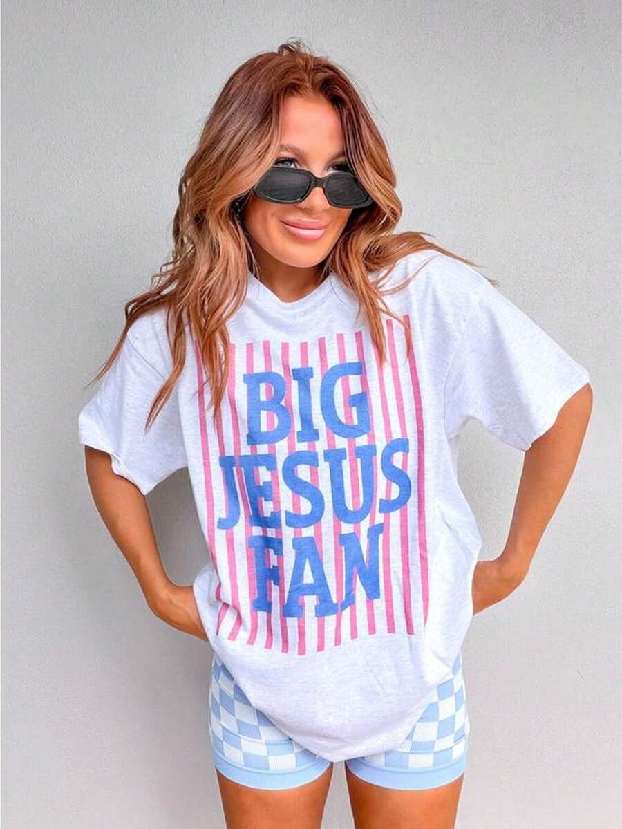 Big Jesus Fan Graphic Top-Loose-Fit Easy Relaxed Style, - 白色 - 查看 1