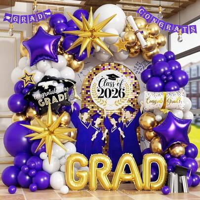 Purple Graduation Balloon Arch Set, Containing 101 Balloons. This Set Features Graduation Star Patterns In Purple, Gold And White, Suitable For Balloon Decoration For Awarding Graduation Certificates, And Suitable For Party Decoration Of The 2026 Graduating Class. Comes With Golden Exploding Star Balloons For Highlighting The Graduation Season And Birthday Party Decoration Theme.