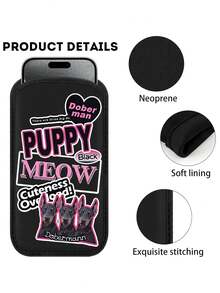 New Pink Black Dog Pattern Straight-Insert Phone Case Protective Cloth Bag, Black Outdoor Phone Storage Bag, Straight-Insert Phone Pouch, Made Of Neoprene Material For Shock And Dust Protection, Warm, Elastic Inner Liner, Portable Men'S And Women'S Bag - Black - View 5