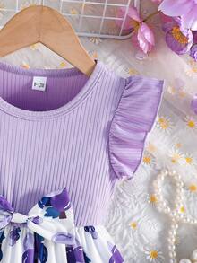 Baby Girls' Summer Cap Sleeve Ribbed Patchwork Cute Bow Floral Print Sweet Dress - Purple - View 5