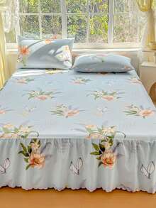 Bộ 3 món (1 ga trải giường, 2 vỏ gối) họa tiết cành hoa lớn màu xanh dương với viền lá sen, ga trải giường che phủ toàn bộ giường, chống bụi, có viền chân giường, bộ 3 món ga trải giường xếp ly với 2 vỏ gối, giặt bằng nước, chất liệu nhung mềm mại, thấm hút mồ hôi, thoáng khí, viền xếp ly che phủ chân giường làm đẹp. - Ngôi nhà mật ong - Xem 6