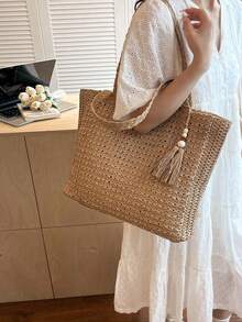 Summer Straw Beach Bag, Large Capacity Tote Bag, Grocery Basket, Handbag, Vacation Style, Simple Versatile, Multi-Pocket Women Bag, Suitable For Dresses, Shopping, Travel, Storage, Wicker Bag - Khaki - View 5