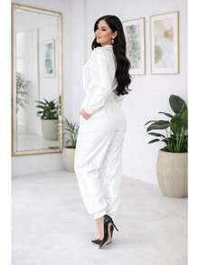 Women's Set: Long-Sleeved Blouse With Shoulder Pads And Jogger Pants In Thick Satin Crepe With Elastane, Fitted Cuffs, Stylish, Modern And Sophisticated - 白色 - 查看 5