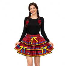 Junior/Adult June Festival Skirt, Country Style Checkered, Round, Square Dance, Saint John's Day, Ruffled, Printed - 火焰紅 - 查看 2