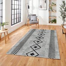 Alfombra y tapete de pasillo lavable y antideslizante con estampado enmarcado | Estilos modernos, escandinavos, bohemios y clásicos | 100% poliéster | HECHO EN TURQUÍA - Gris Claro - Ver 4