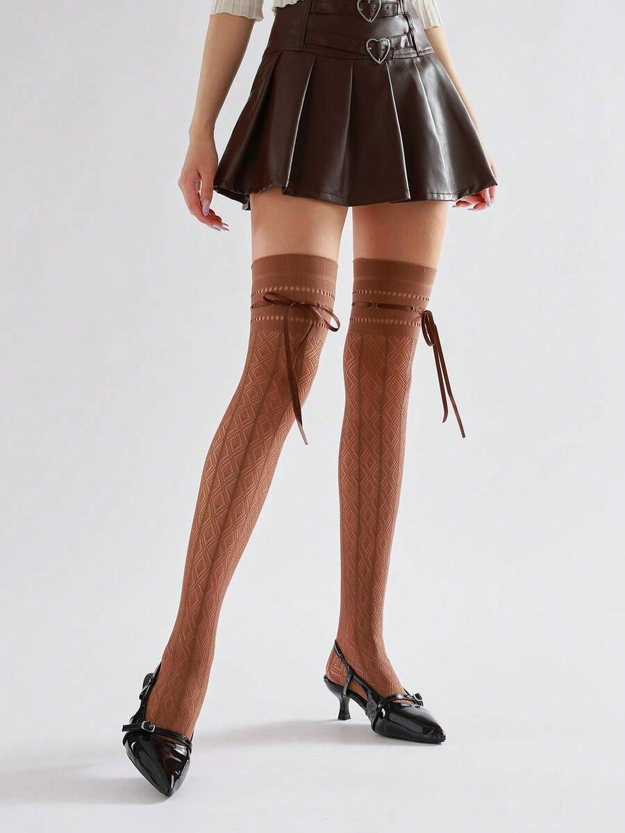 Vớ cao đến đùi kiểu ballet mùa xuân/hè với nơ và họa tiết hình thoi rỗng, kiểu Lolita ren cổ điển. - Nhiều màu - Xem 1