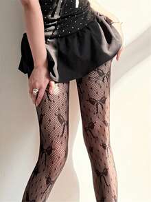 1pc Bowknot Tights For Women, Vintage Lace Pantyhose, High Elasticity Skinny Leggings, Hollow Out Jacquard Fishnet Stockings, Slimming Leg Shaping Hosiery - Multicolor - View 10