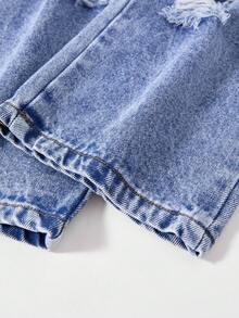 Girls Y2K Distressed Frayed Ripped Baggy Denim Pants, Elastic Waist Acid Wash Wide Leg Young Girl Jeans - Medium Wash - View 9