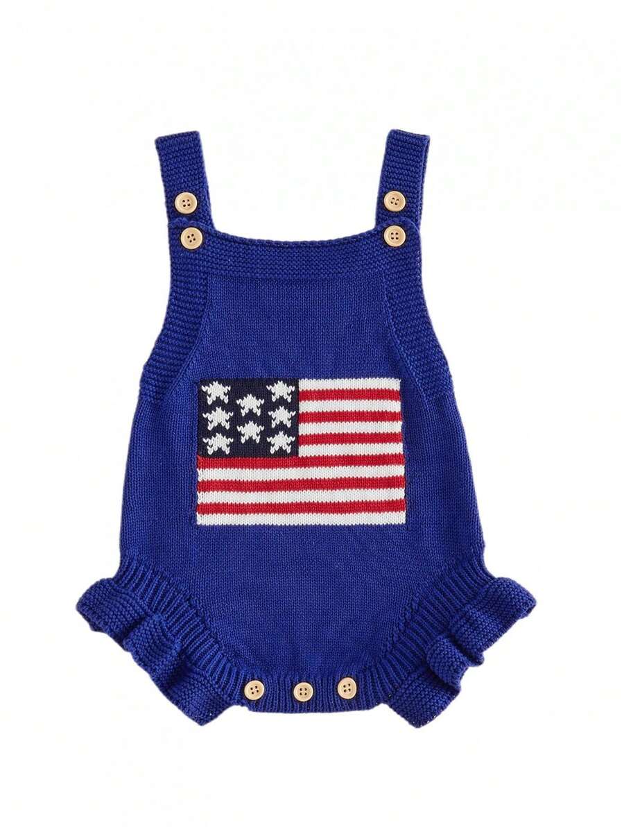 Newborn Baby Girl Knit Romper 4th Of July Flag Sleeveless Jumpsuit For Newborn Toddler Cute Independence Day Clothes - 藍色 - 查看 1