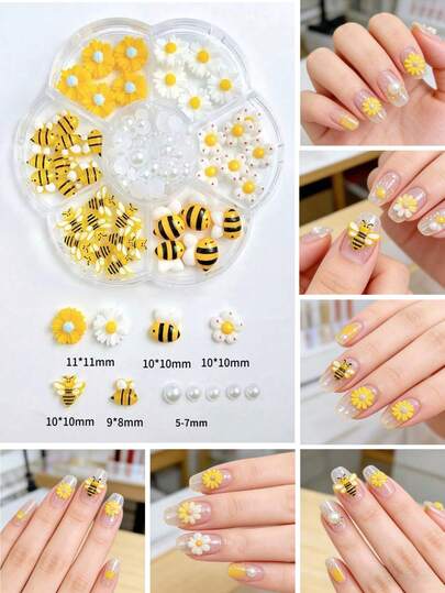 Hộp trang sức làm móng hình cỏ ba lá 7 ngăn, họa tiết ong, hoa cúc, hoa lá, ngọc trai bằng nhựa resin mang phong cách đồng quê tươi mát, hộp đựng nguyên liệu tự làm đồ trang trí móng tay.