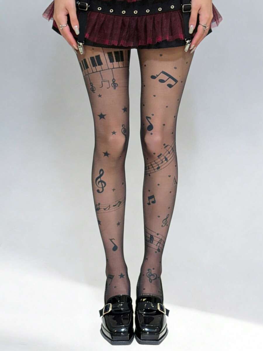 1 đôi tất nữ mùa xuân hè in hình nốt nhạc và bàn phím piano, tất nylon co giãn họa tiết ngôi sao và chấm bi, phong cách Gothic Punk Y2K, thích hợp mặc hàng ngày và dự lễ hội âm nhạc. - Nhiều màu - Xem 1