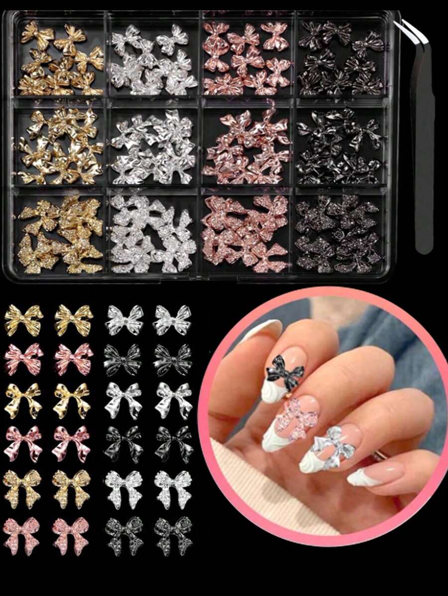 120 chiếc phụ kiện trang trí móng tay hình nơ bằng hợp kim, màu bạc, vàng, đen, kim loại, trang sức móng tay hình nơ sang trọng, dễ thương, phụ kiện thiết kế móng tay, dụng cụ làm móng. - Nhiều màu - Xem 1