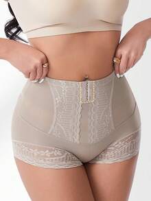 Panty de compresión alta con cierre delantero para mujer, moldeador de cintura, decoración de encaje - Caqui - Ver 9