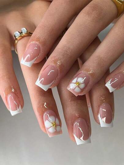 24pcs Square Acrylic Nail Stickers With White Edges, French Manicure Stamping Nails, 3D Five-Petal Flower False Nails, Including Jelly Gel And Nail File, Suitable For Parties, Events And Daily Wear, For Women And Girls, Comes With Manicure Tools, Versatile Nail Art Set