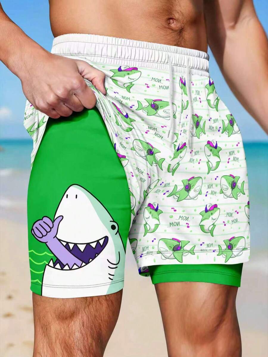 Men's Summer Funny Cartoon Shark All-Over Print Breathable Double-Layer Drawstring Waist Beach Shorts - Green - View 1