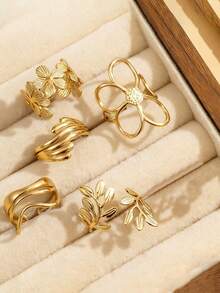 5pcs Stainless Steel 18K Gold Plated Summer Elegant Style Geometric Flower Leaf Line Rings Set Suitable For Women Daily Wear, Date, Vacation - Multicolor - View 3
