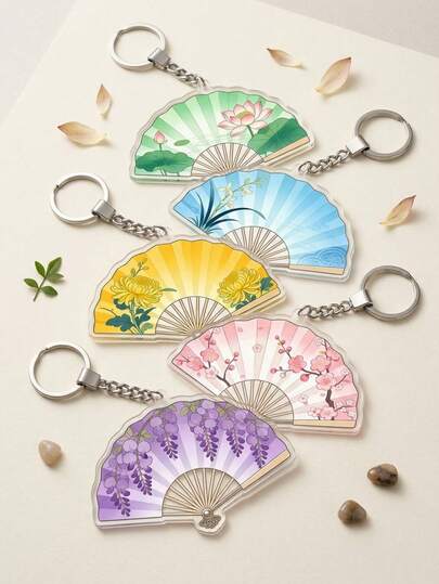 1 chiếc móc khóa quạt xếp in hoa trong suốt, chất liệu acrylic, kiểu dáng thanh lịch Trung Quốc, phụ kiện túi xách unisex, móc treo đa năng hình quạt dễ thương gắn gương chiếu hậu, thích hợp trang trí nhà cửa hàng ngày, vật dụng cần thiết cho người yêu thích quạt, quà tặng móc khóa tinh tế.
